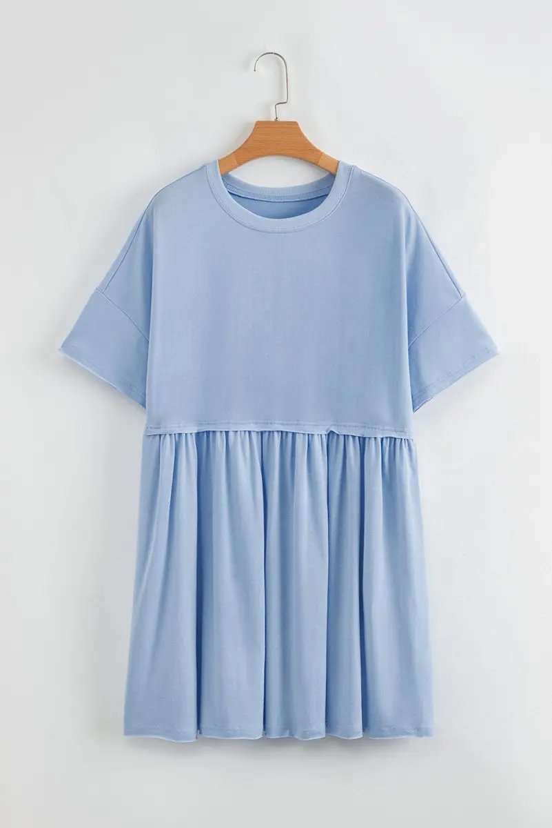Sky Blue Solid Color Pocketed Raw Edge Babydoll Dress - Love Salve